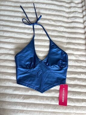 Shein Blue Shiny Halter Crop Top